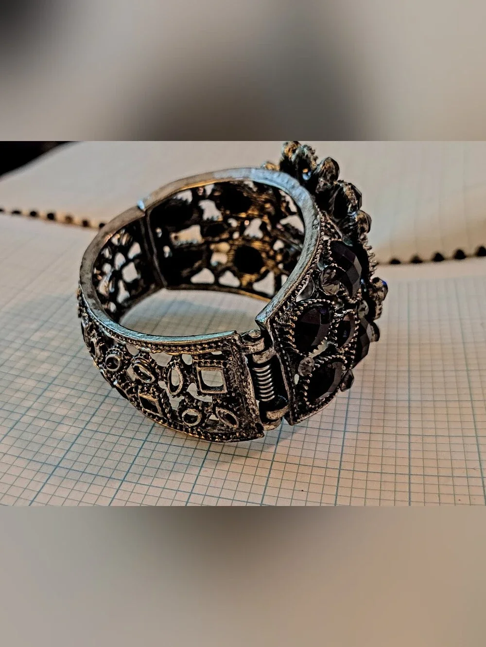 Vintage-Inspired Black Crystal Statement Hinged Bangle Bracelet